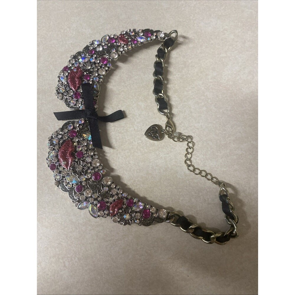 Betsey Johnson Pink, Black and Silver Jeweled Collar Necklace - Picture 6 of 13